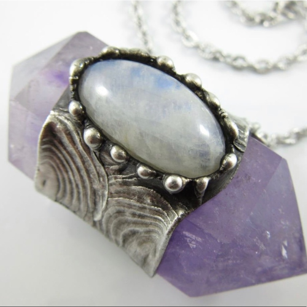Crystal necklace - moonstone and amethyst crystal pendant - horizontal necklace